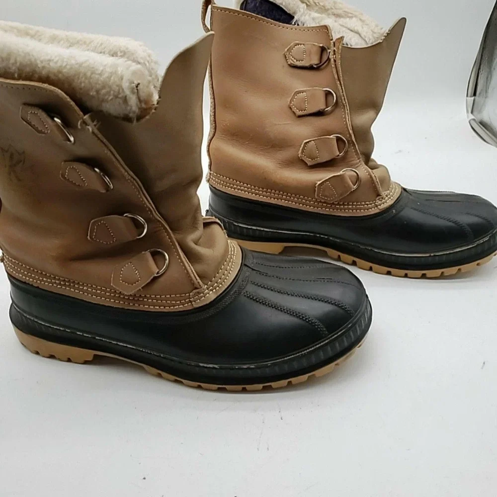 Sorel Boots Mens Size 10 Brown Leather Black Snow Winter Waterproof Wool Lined